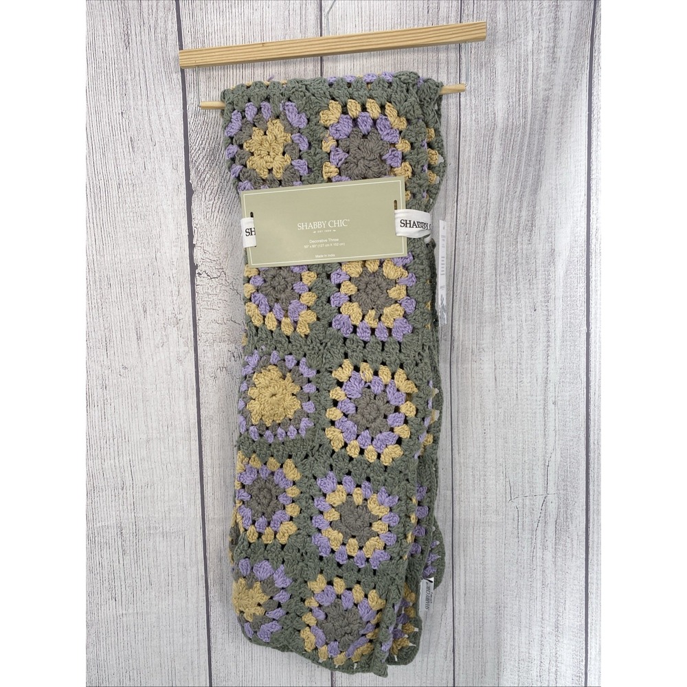 Shabby Chic Throw Blanket Green Yellow Purple Hand Crochet Afghan Granny Squares